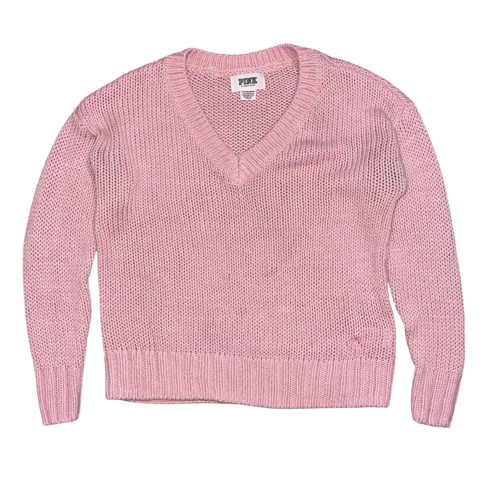 Pink Victoria's Secret V-Neck Shaker Knit Sweater Pink XS Pullover